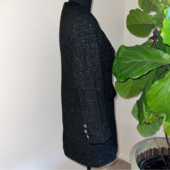 J•R•M Women’s Black Metallic Collarless Button Down Tweed Long Blazer Overcoat - Picture 4 of 16